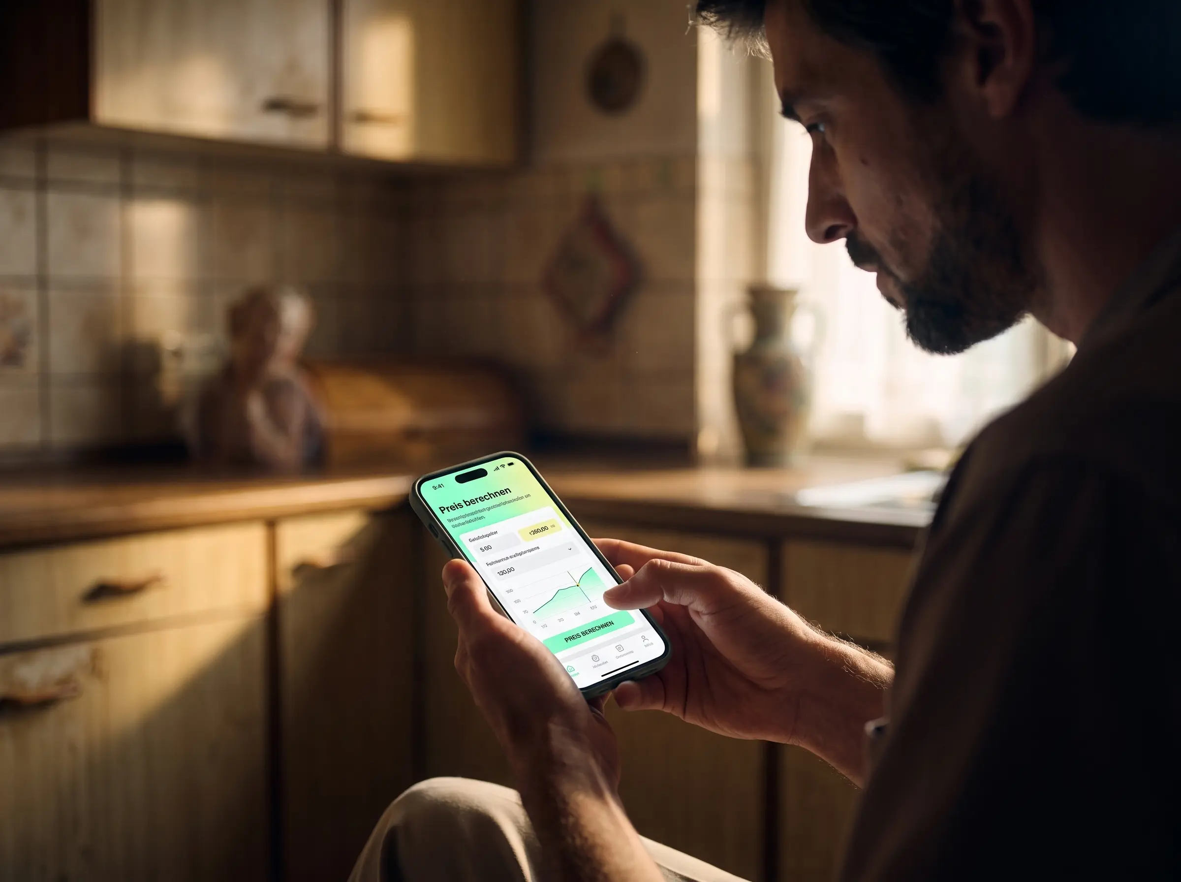 Eigentümer rechnet abends in der Küche den Wert seiner Immobilie auf dem Handy aus (KI-Bild)