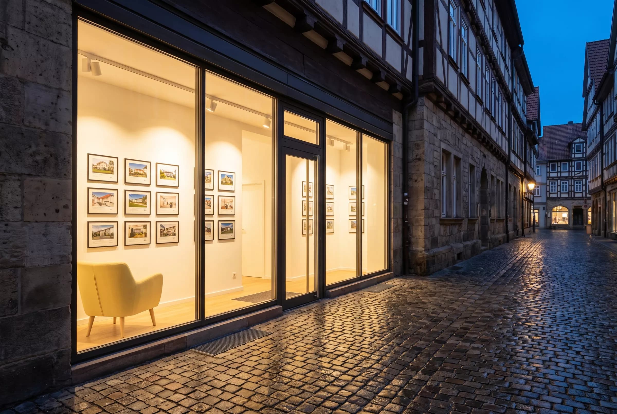 Maklerbüro in der Altstadt, abends beleuchtet (KI-Bild)