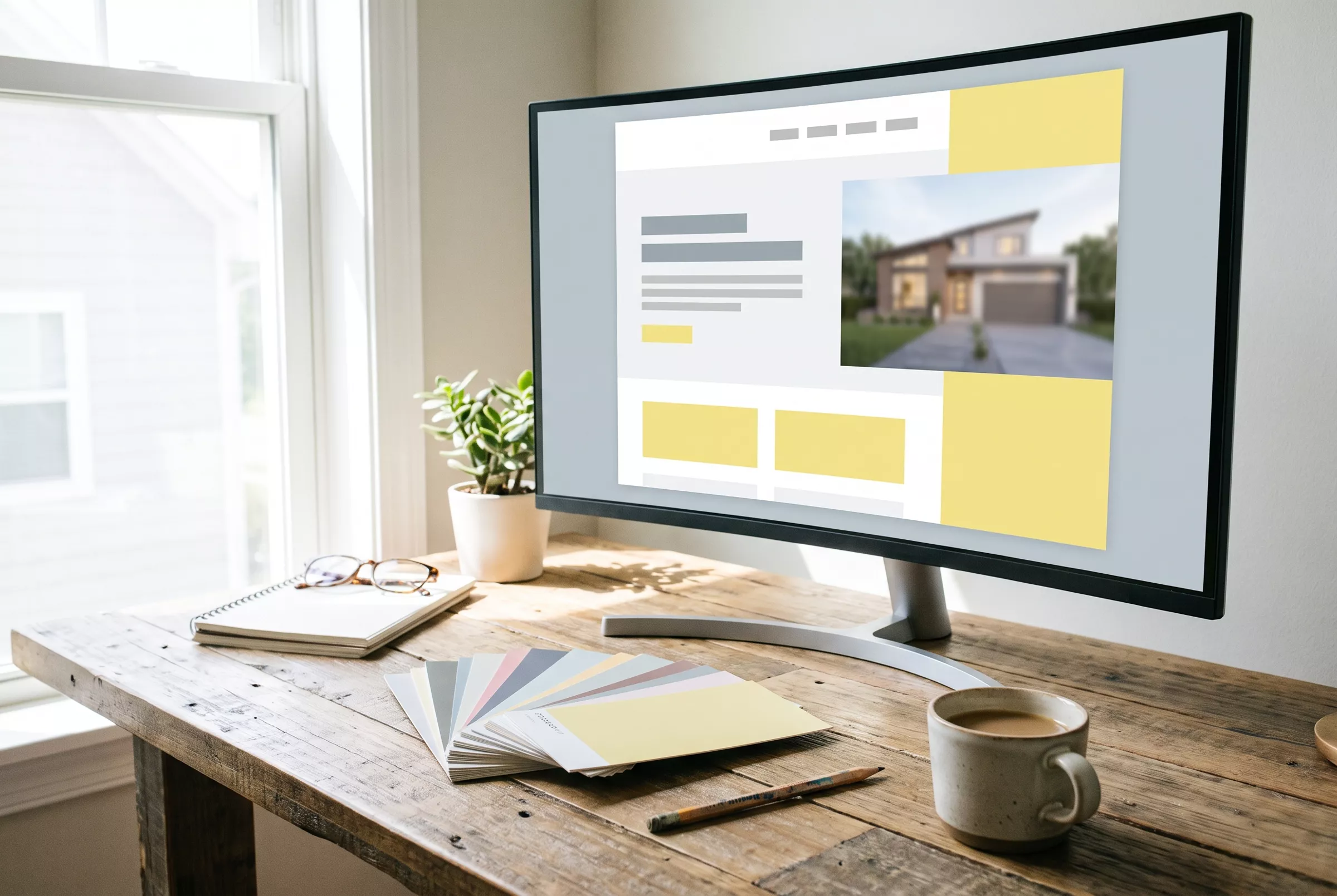 Monitor mit Layout-Entwurf und Farbmustern auf einem Studiotisch (KI-Bild)