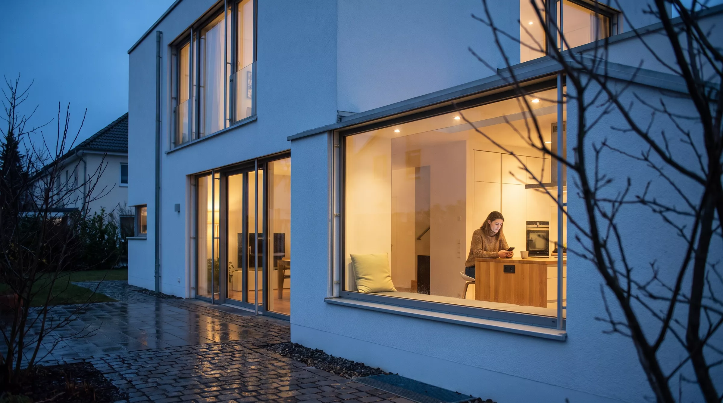 Eigentümer am Abend in der Küche mit dem Handy, das Haus in der blauen Stunde (KI-Bild)