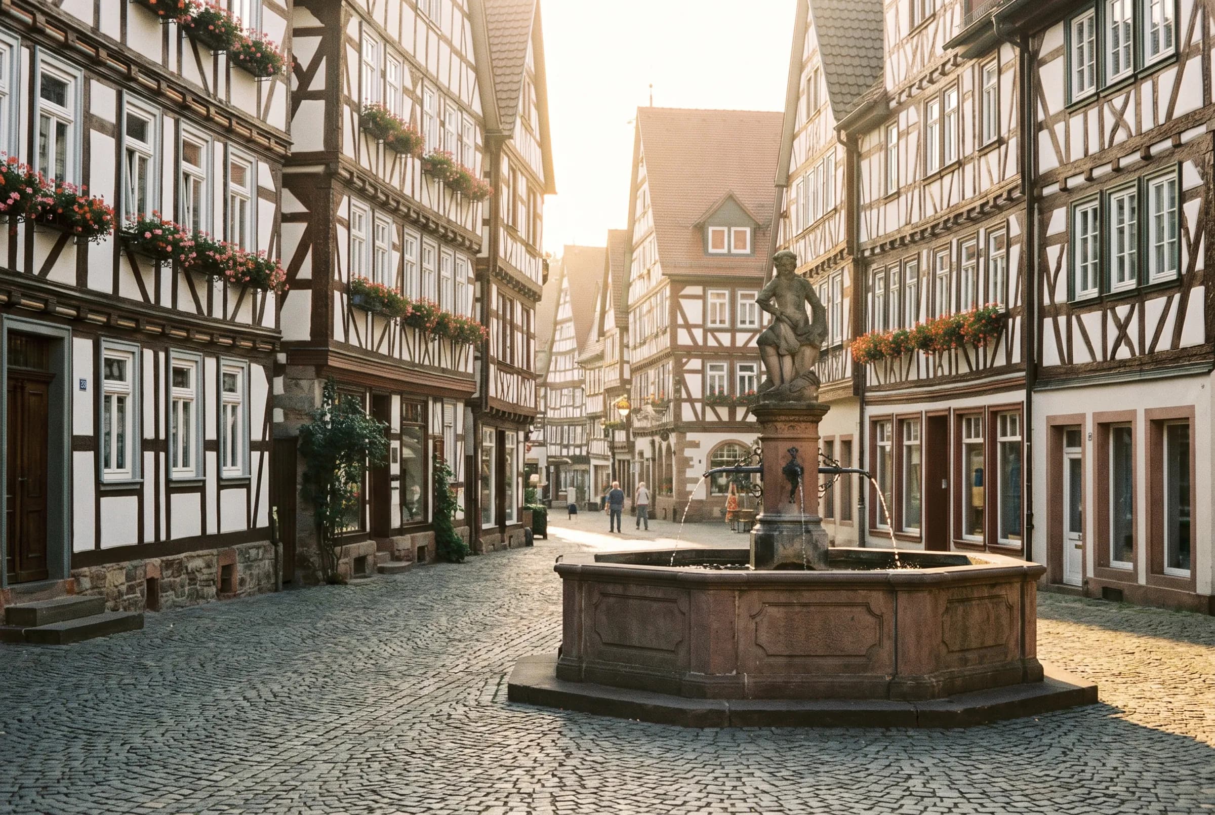 Symbolbild (KI-Bild): Kleinstadt mit Marktplatz und Fachwerkhäusern