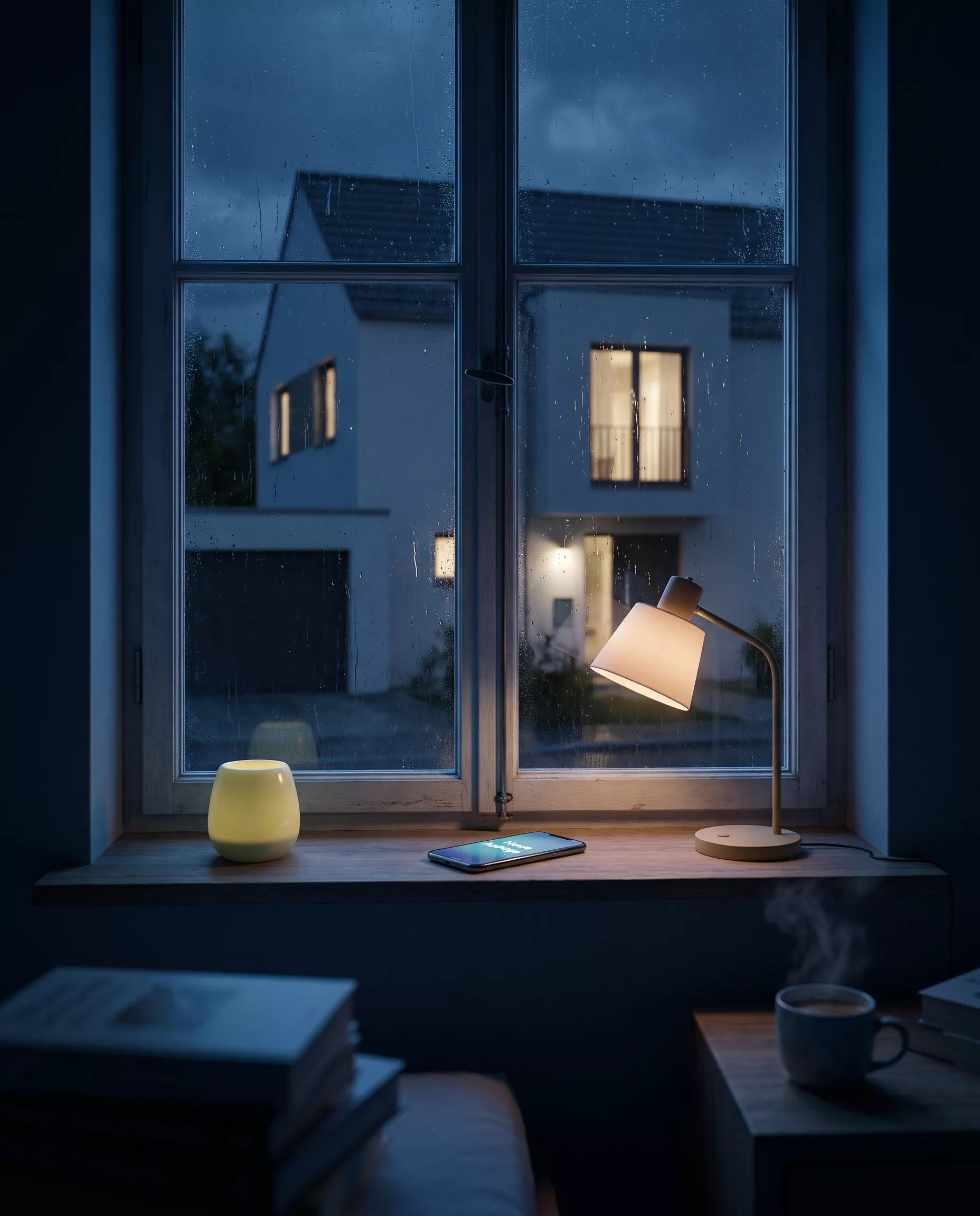 Handy nachts auf der Fensterbank mit der Meldung „Neue Anfrage“ (KI-Bild)