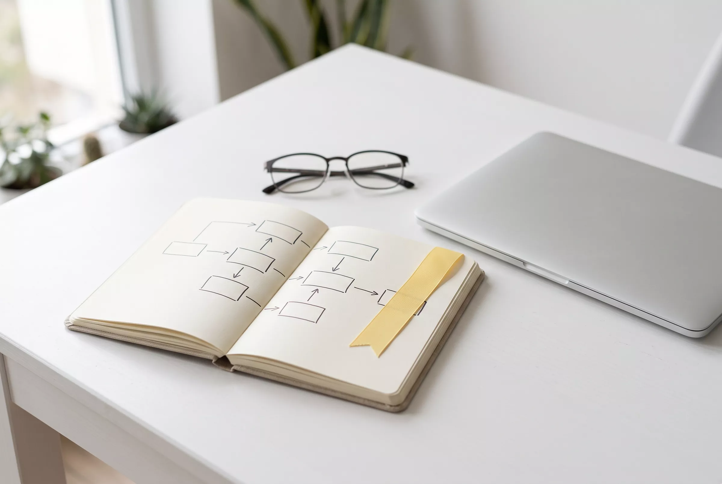 Aufgeschlagenes Notizbuch mit Diagramm und Brille auf einem hellen Tisch (KI-Bild)