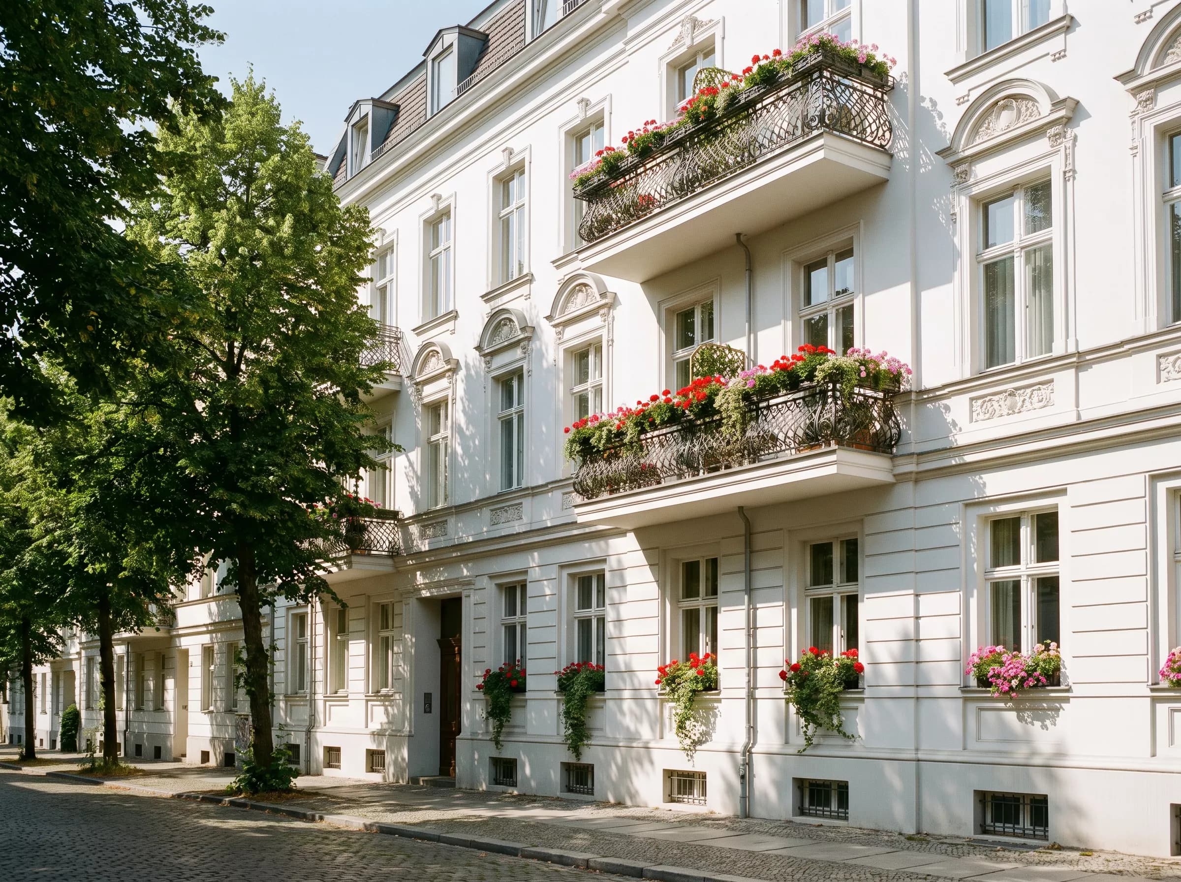 Altbau-Mehrfamilienhaus mit Balkonen und Blumenkästen (KI-Bild)