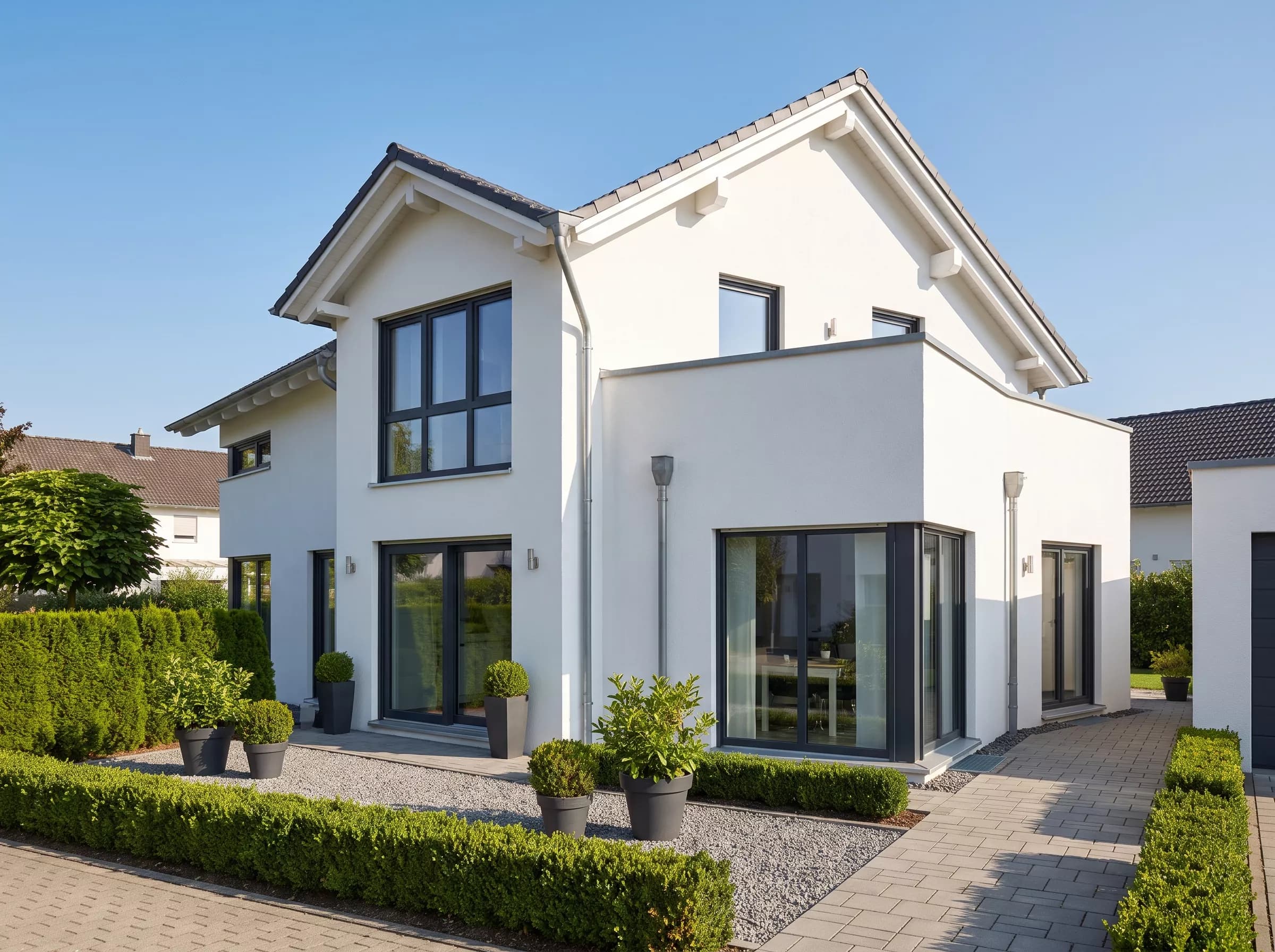 Weißes Einfamilienhaus mit Garten (KI-Bild)